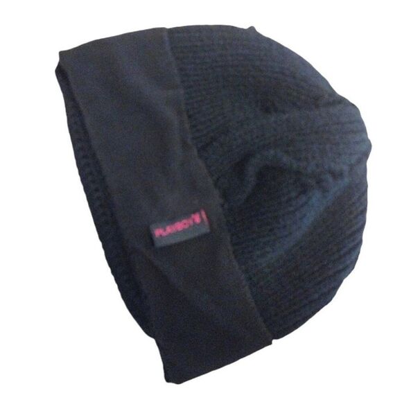 VTG Y2K PLAYBOY Bunny Black Knit Pink Embroidered Rabbit Head Beanie - Picture 9 of 12